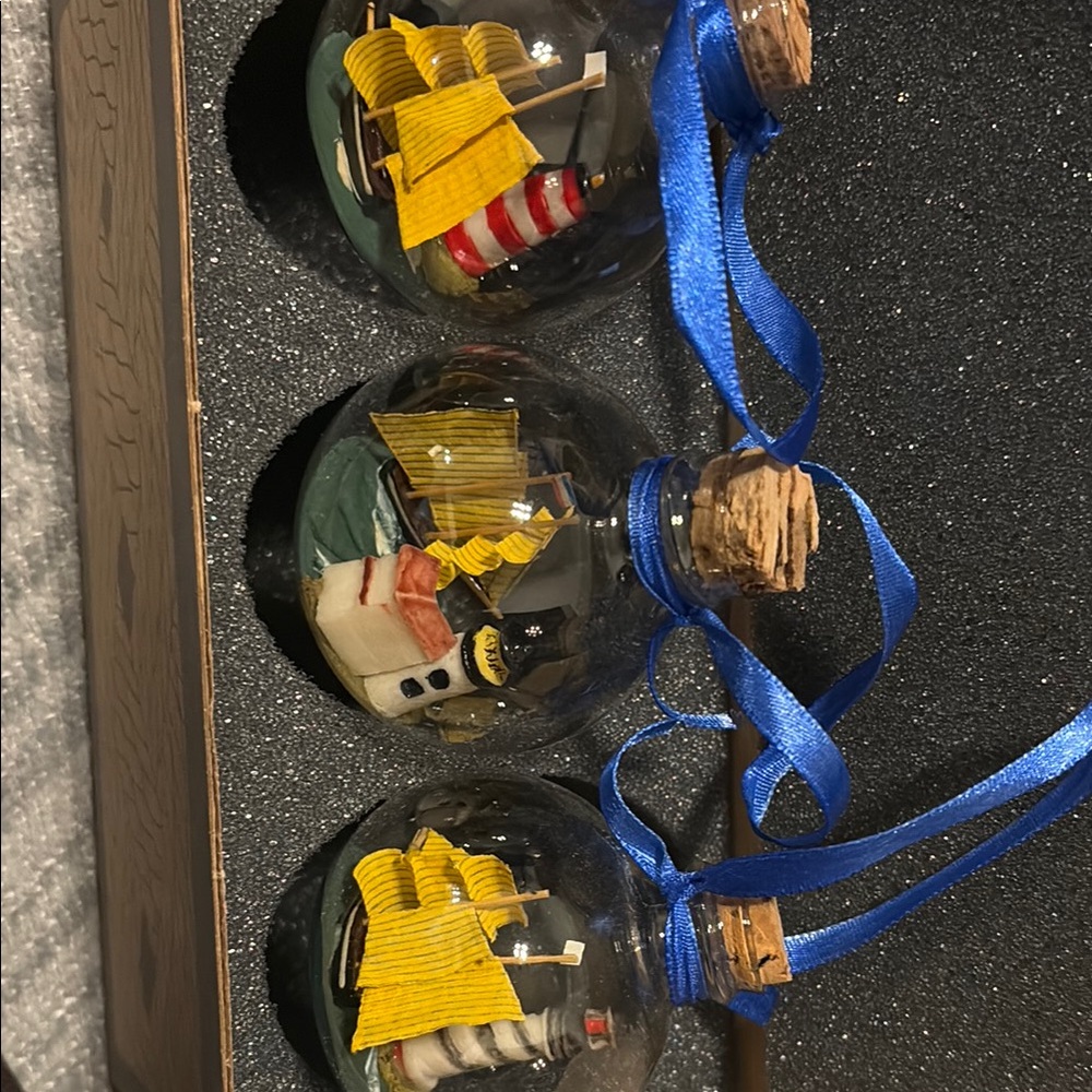 Set of Decorative Lighthouse Ornaments with Blue Ribbon